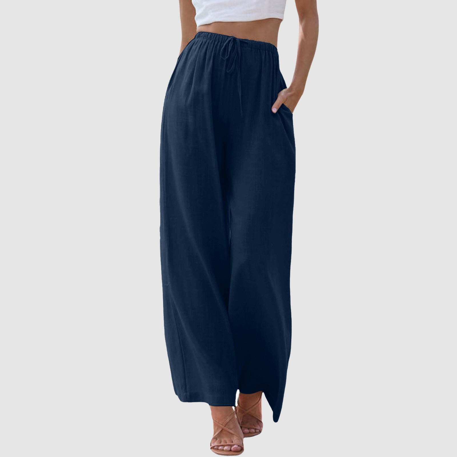 thumbnail image 2 of Pantalones de cintura alta y pierna ancha para mujer - Elástico con cordón, pierna recta cómoda, con bolsillos, 2 of 7
